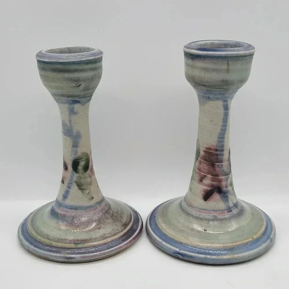 Set of Two Pottery Candle Holder ,Signed Earthy Colors Light Blue Green - Picture 1 of 7